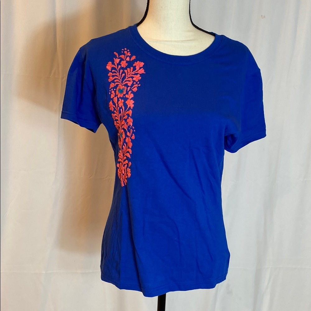 New Blue Women's Top with Pink Floral Design